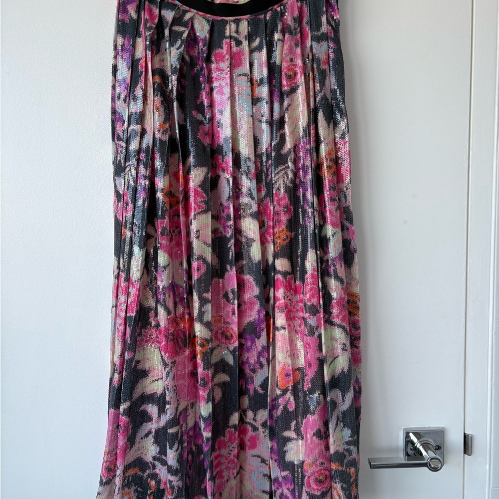 Anthropologie Black Floral Pleated A-Line Skirt with Pink and Purple Accents